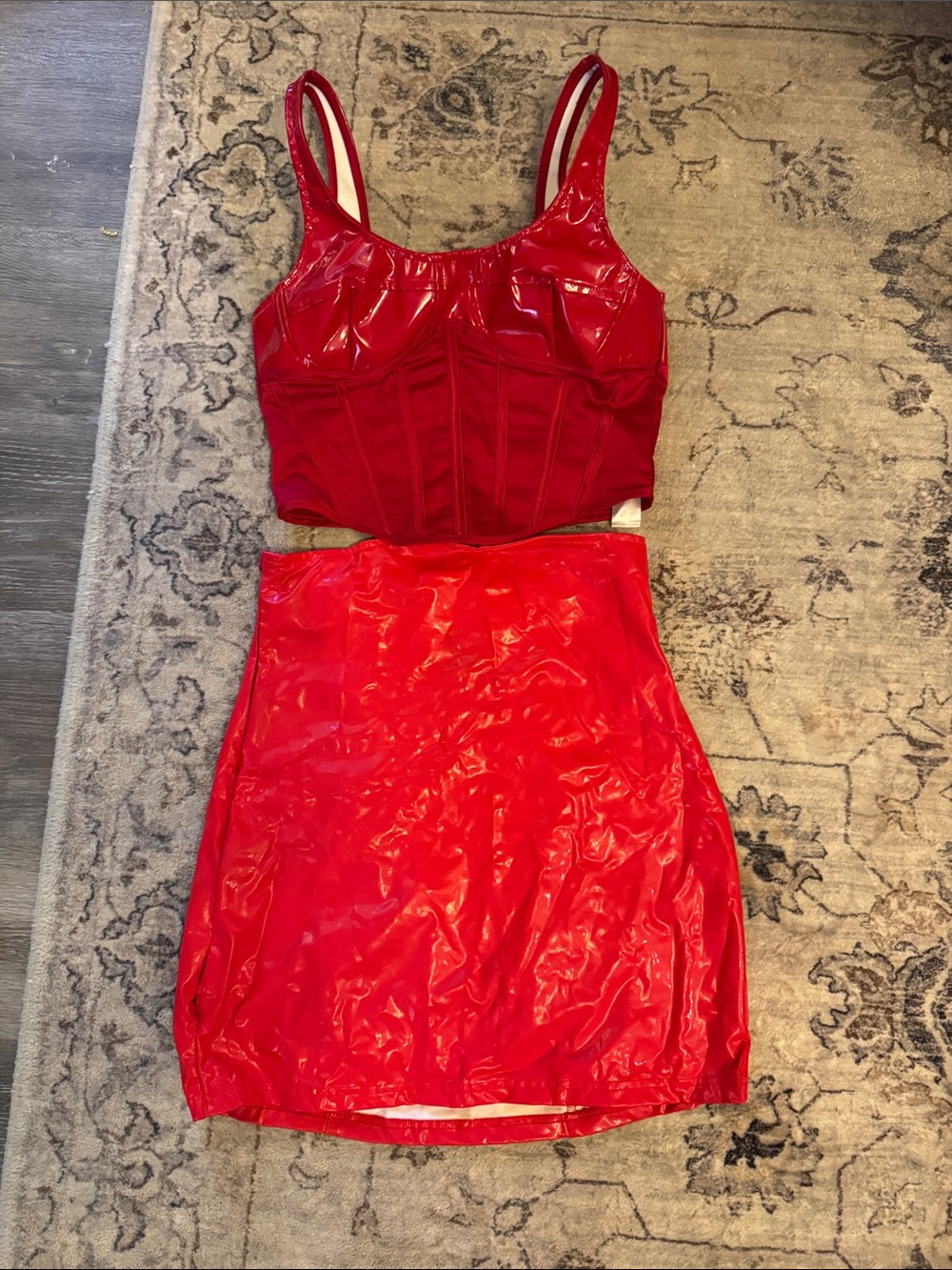 PrettyLittleThing Red Vinyl Mini Skirt Co-ord